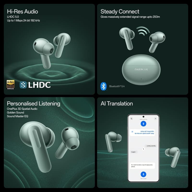 OnePlus Buds 4 single earbud detail shot showing the squeeze-sensitive stem, the multi-mic array, the ANC processing microphone port and the silicone in-ear tip