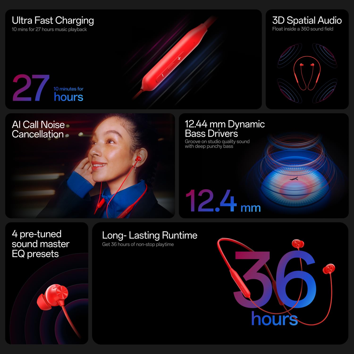 OnePlus Bullets Wireless Z3 marketing infographic highlighting the 10-minute / 27-hour fast charge, 3D spatial audio, AI call noise cancellation, 12.4mm dynamic bass drivers, 4 EQ presets and 36-hour total battery life