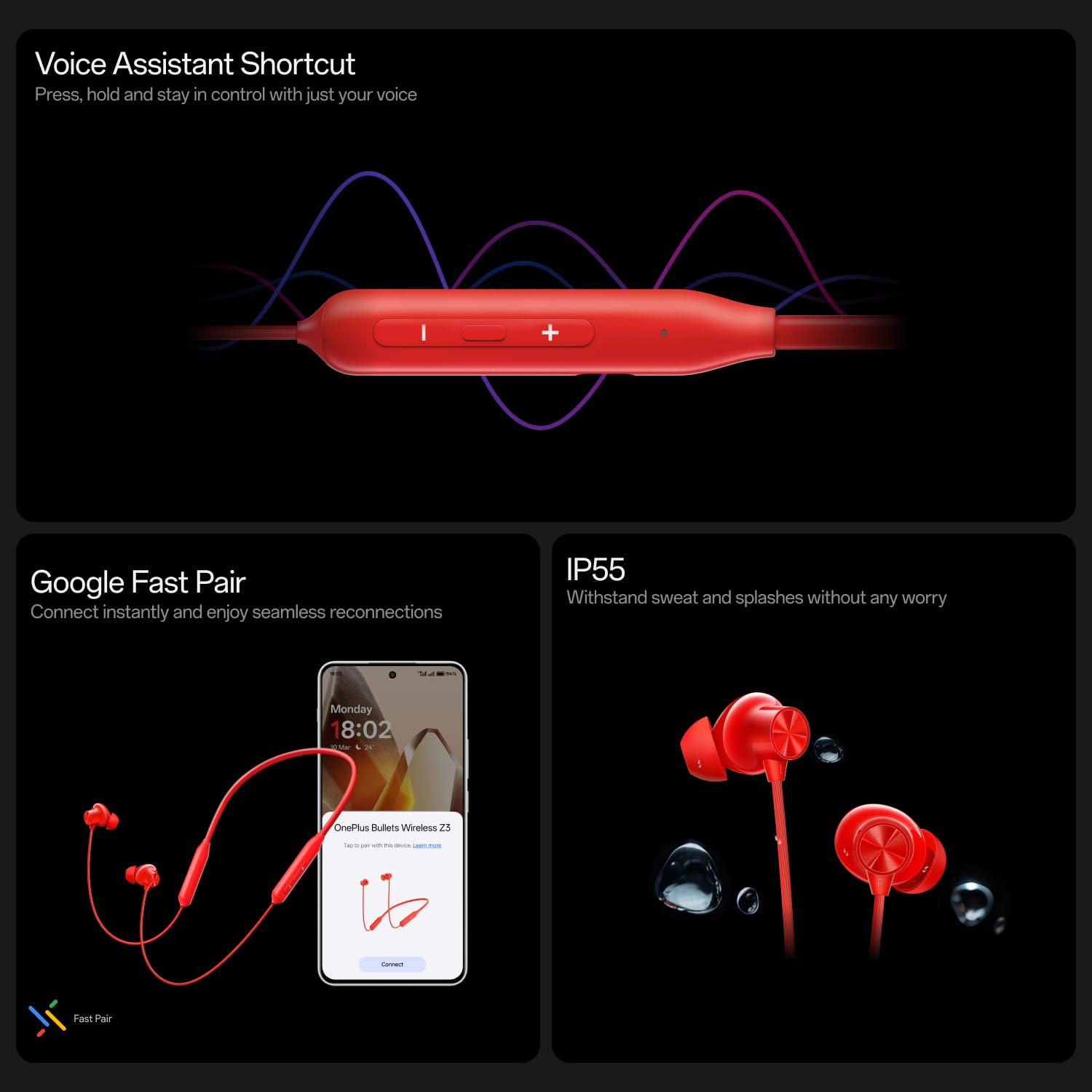 OnePlus Bullets Wireless Z3 feature card showing the voice assistant shortcut button, Google Fast Pair pairing animation with a OnePlus handset, and the IP55 water and sweat resistance rating