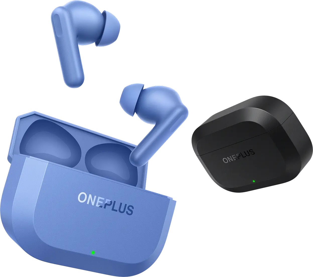 OnePlus Nord Buds 3r in Aura Blue with case open showing both earbuds, alongside the Ash Black charging case for colour comparison