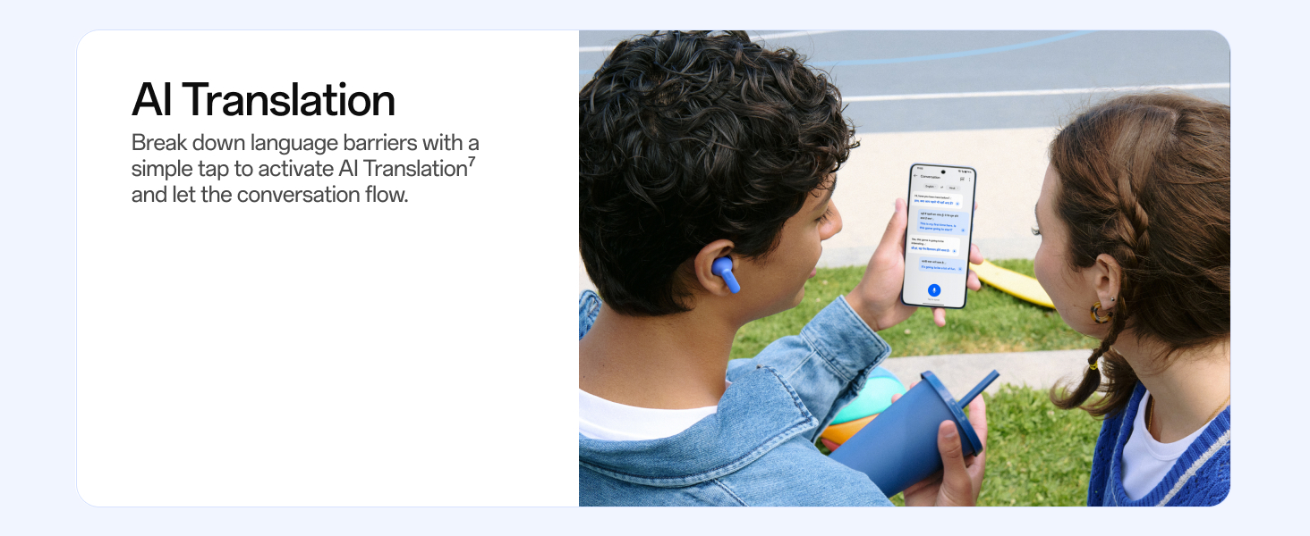 OnePlus Nord Buds 3r AI Translation lifestyle shot — wearer in Aura Blue earbuds using on-screen translation conversation on a OnePlus phone
