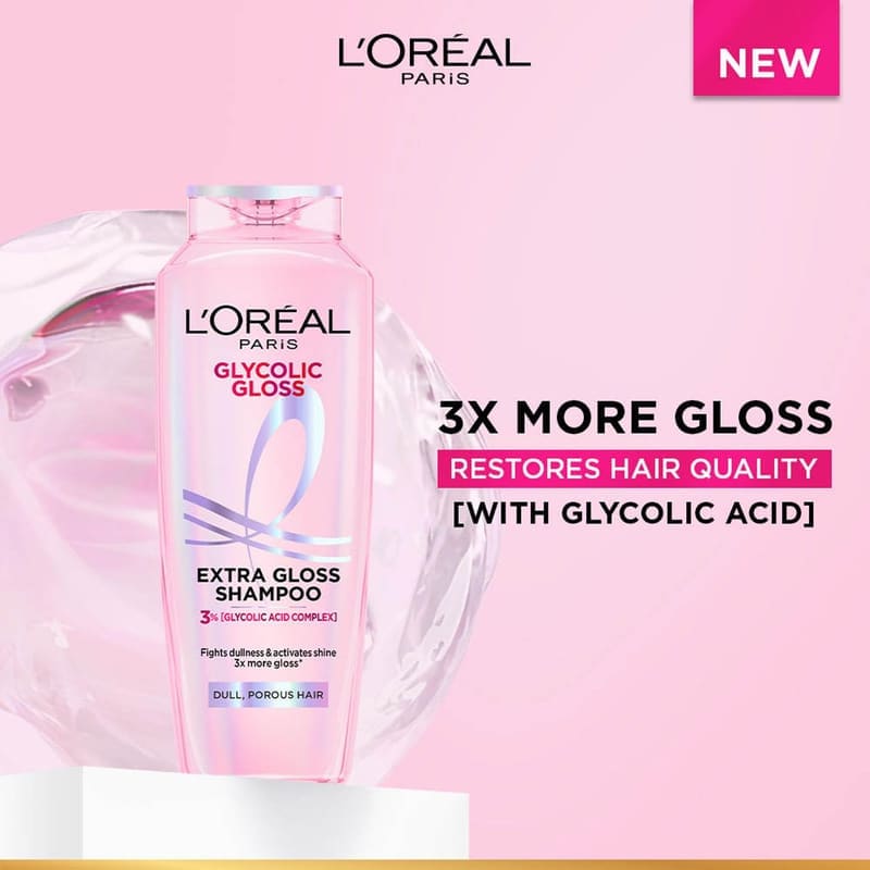 L’Oréal Paris Glycolic Gloss Shine Boosting Shampoo, powered by 3% Glycolic Acid, for dull packaging and details