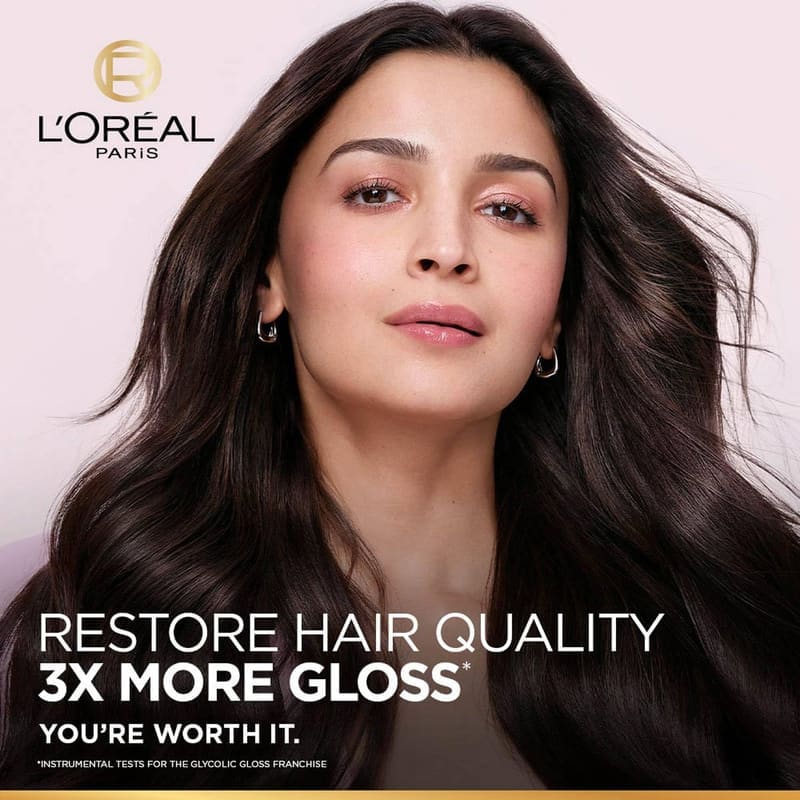 L’Oréal Paris Glycolic Gloss Shine Boosting Shampoo, powered by 3% Glycolic Acid, for dull in use