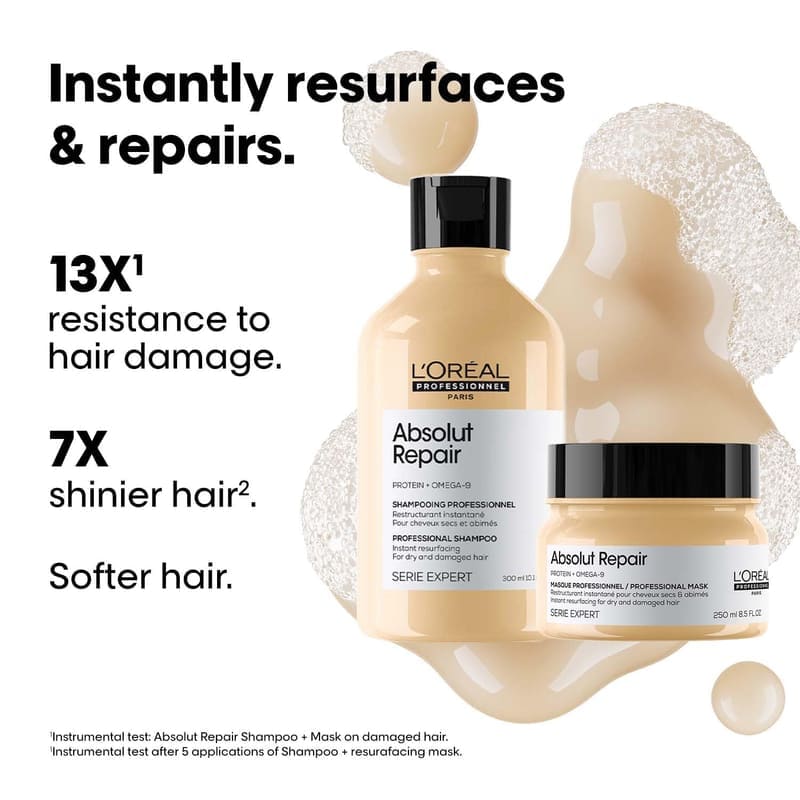 L'Oréal Professionnel Absolut Repair Shampoo & Mask for Dry & Damaged Hair - 300ml+250ml packaging and details