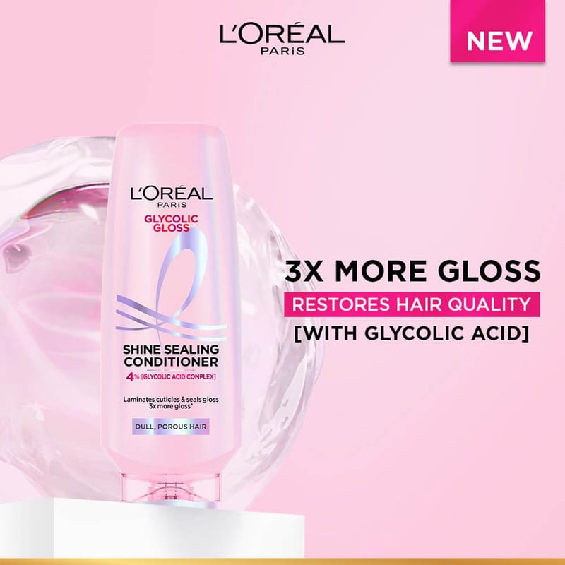 L'Oreal Paris Floral Glycolic Gloss Shine Sealing Conditioner, Powered By 4% Glycolic Acid packaging and details
