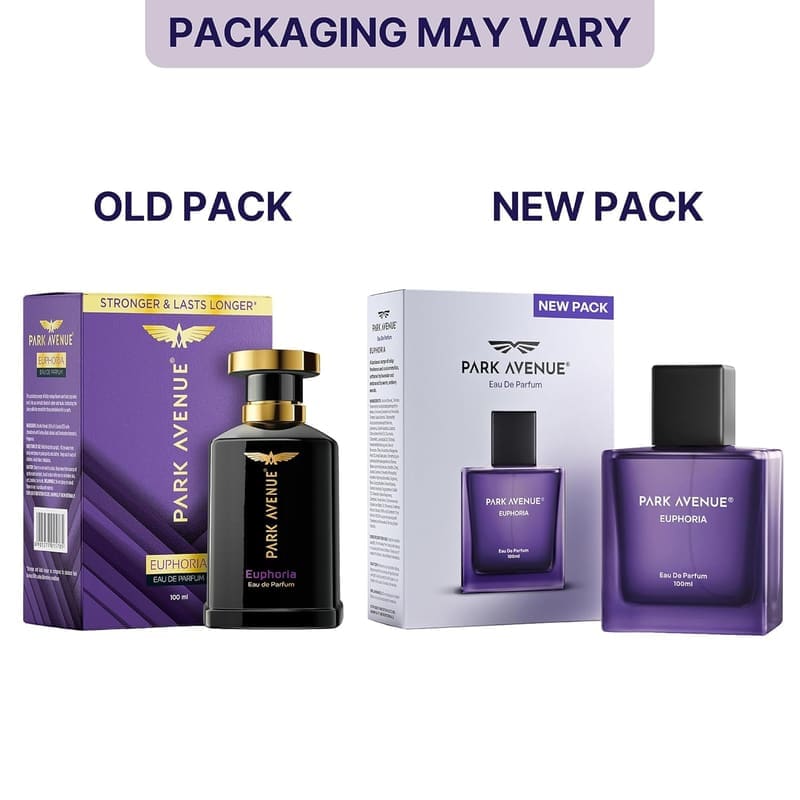 Park Avenue Euphoria old pack black bottle and new pack purple bottle compared side by side