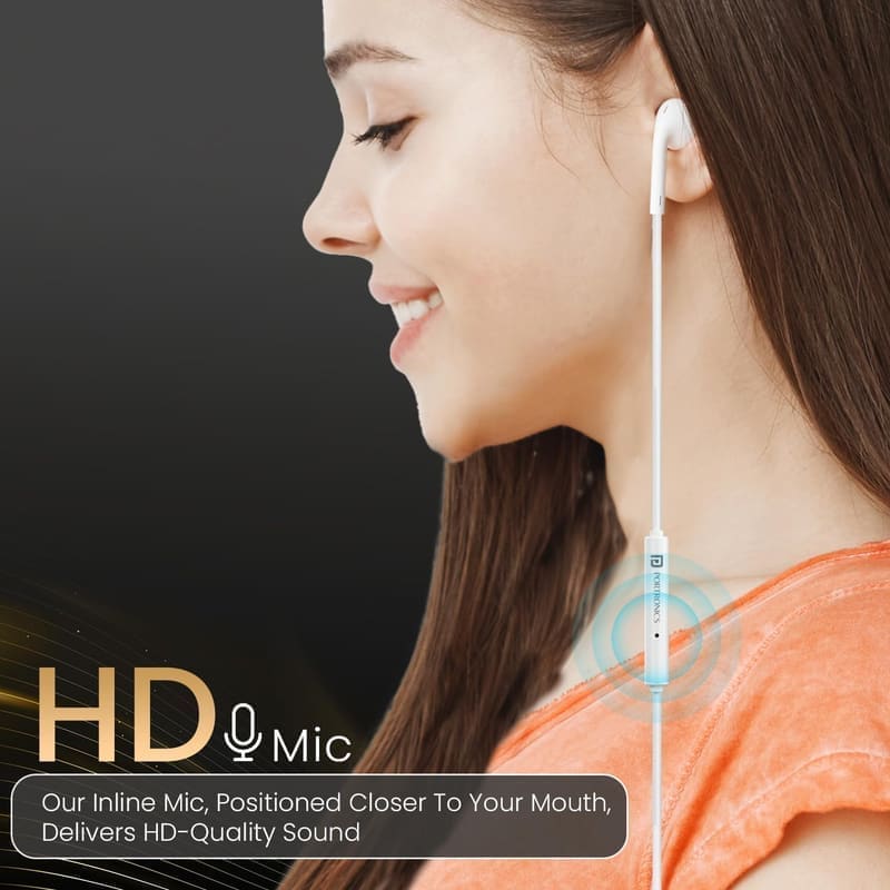 Portronics Conch Theta C in-line HD mic detail shot showing the single multifunction button, the microphone pinhole and the TPE cable strain finish, sitting about 20cm below the right earbud