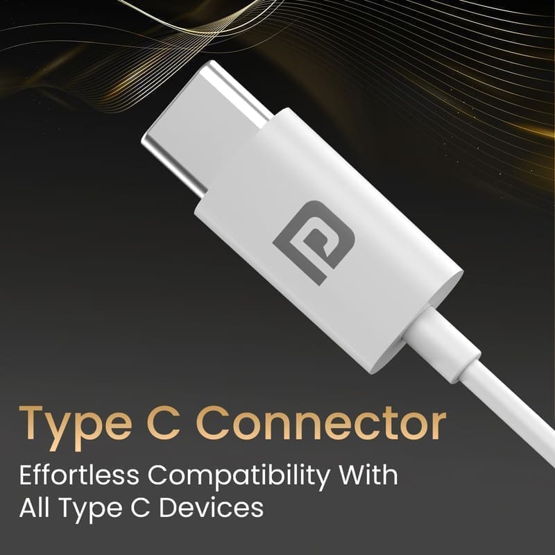 Portronics Conch Theta C plugged into an Android phone's USB Type-C port during a Zoom call, showing the moulded connector geometry and how the earphone sits without a dongle