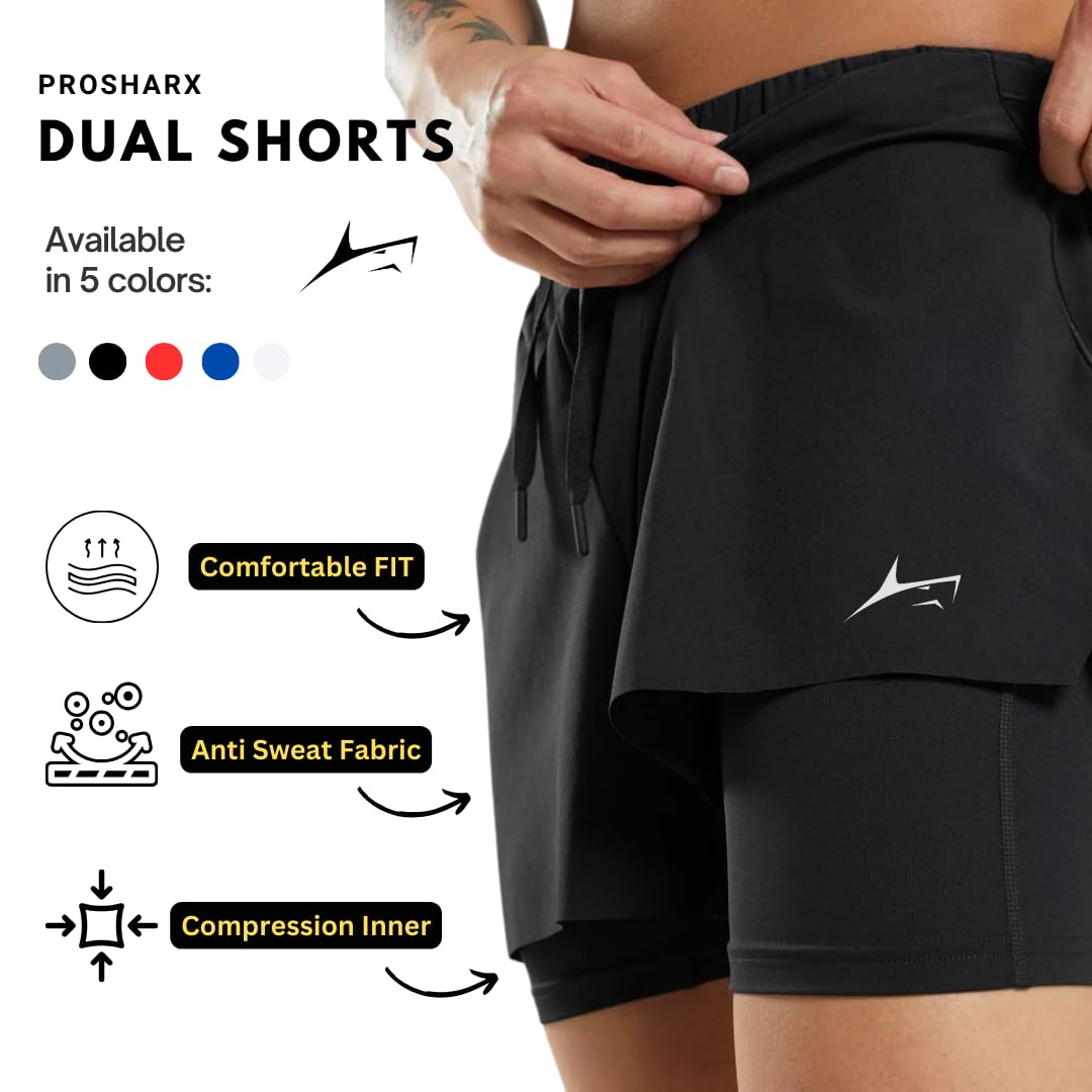 PROSHARX 2-in-1 dual-layer construction detail showing the inner compression tight permanently sewn into the waistband underneath the outer athletic short