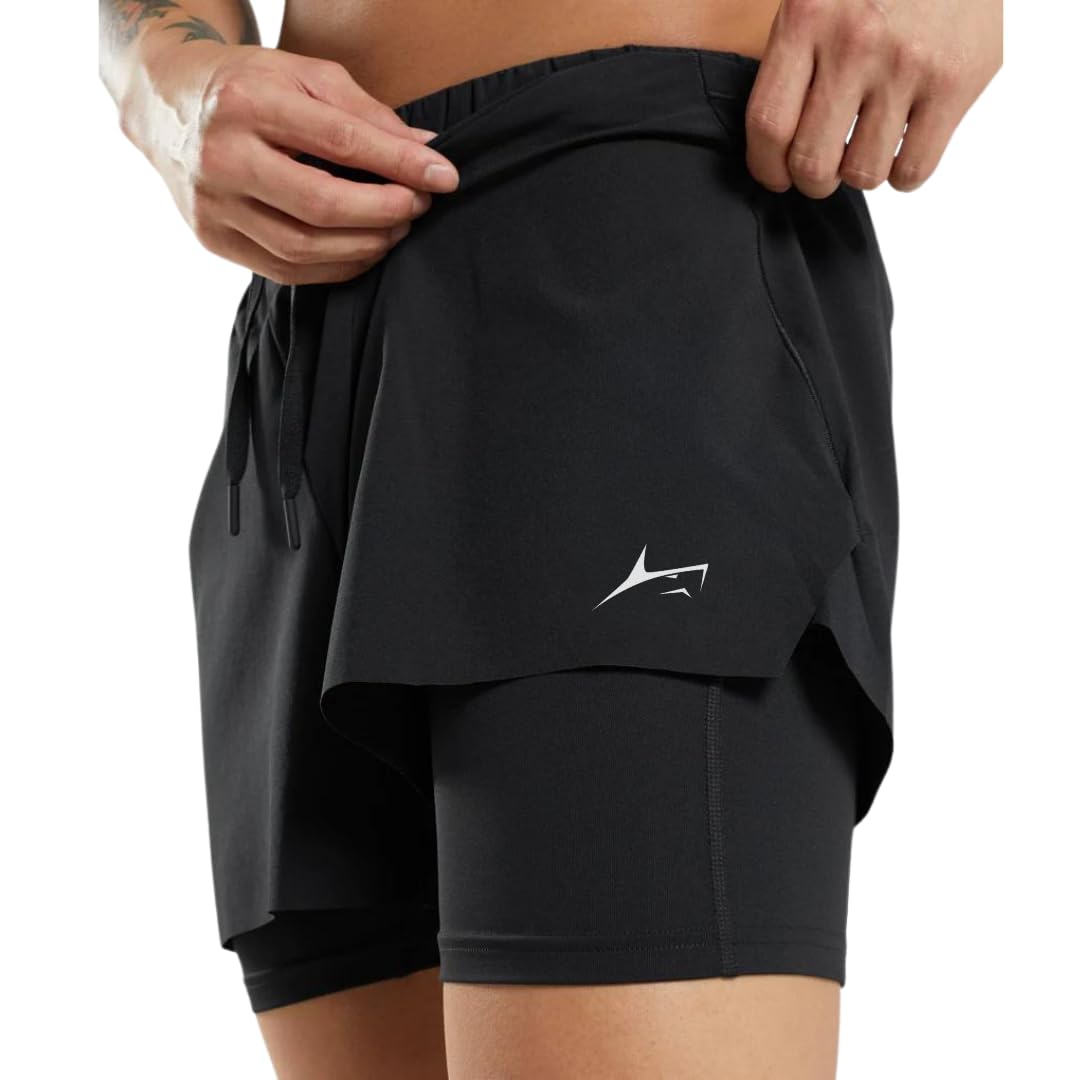 PROSHARX Active Dual Shorts on model showing the above-knee outer length with the inner compression tight visible at the hem — running-cut silhouette