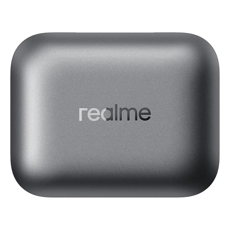 realme Buds Air 7 charging case open showing both earbuds seated inside, the front-facing battery LED, the USB Type-C port on the bottom edge and the IP55 sealed body construction