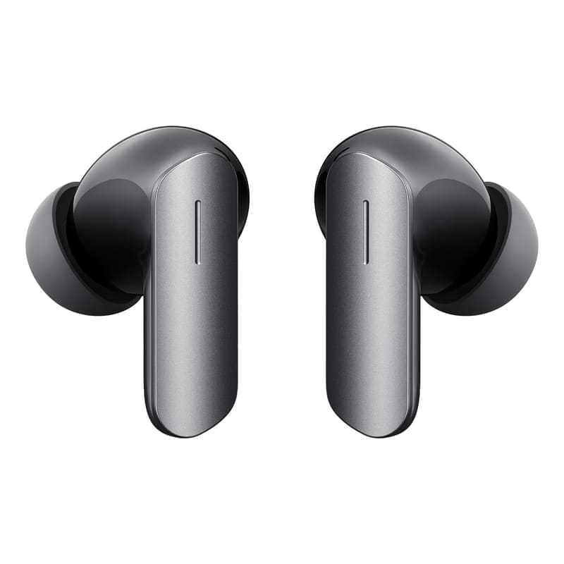 realme Buds Air 7 single earbud detail shot showing the touch-sensitive stem, the multi-mic array ports for the 6-mic ENC, the ANC processing microphone port and the silicone in-ear tip with 12.4mm dynamic bass driver visible