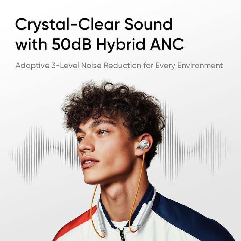 realme Buds Wireless 5 ANC in use on a commuter's neck during a Delhi metro coach journey, showing the low-profile band, ANC engagement and 50dB Hybrid ANC on the daily commute