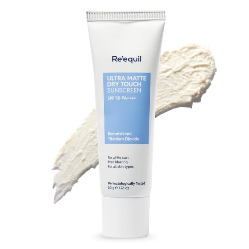 RE' EQUIL Ultra Matte Dry Touch Sunscreen texture and packaging