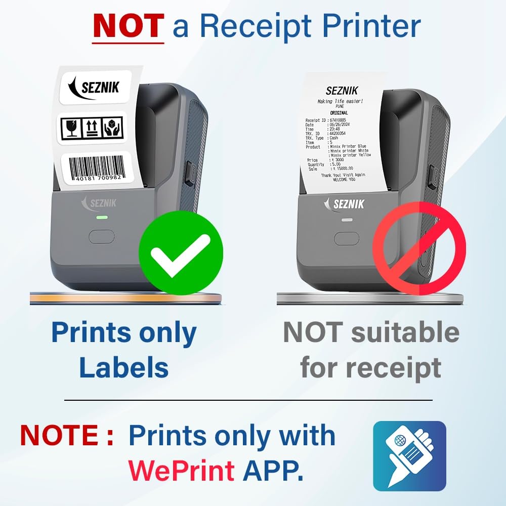 SEZNIK Josh printer companion mobile app screenshot showing the label-template editor with MRP, barcode and product-name fields ready to print