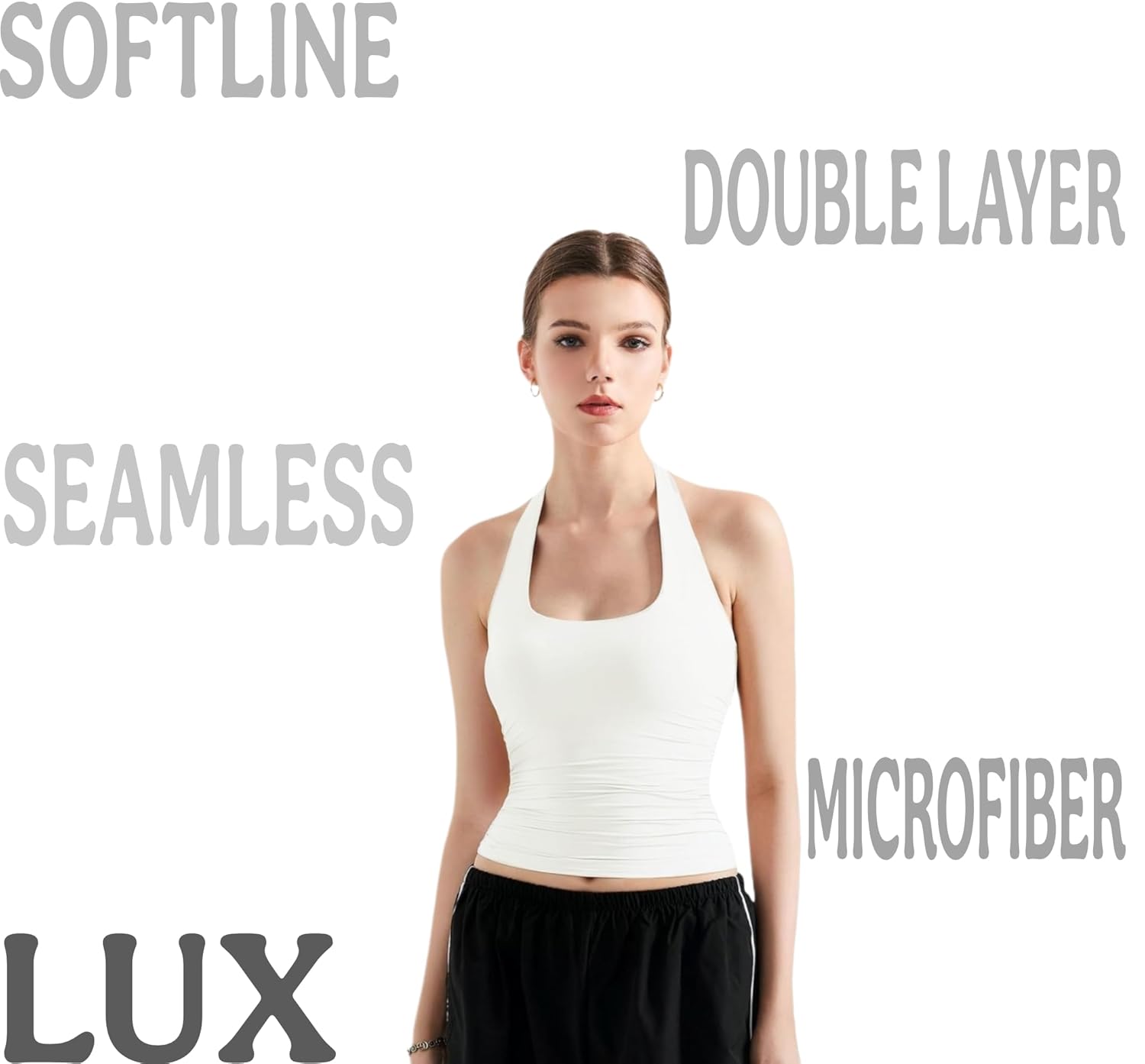 SIGHTBOMB SOFTLINE halter top fabric and seamless edge detail — microfiber knit close-up