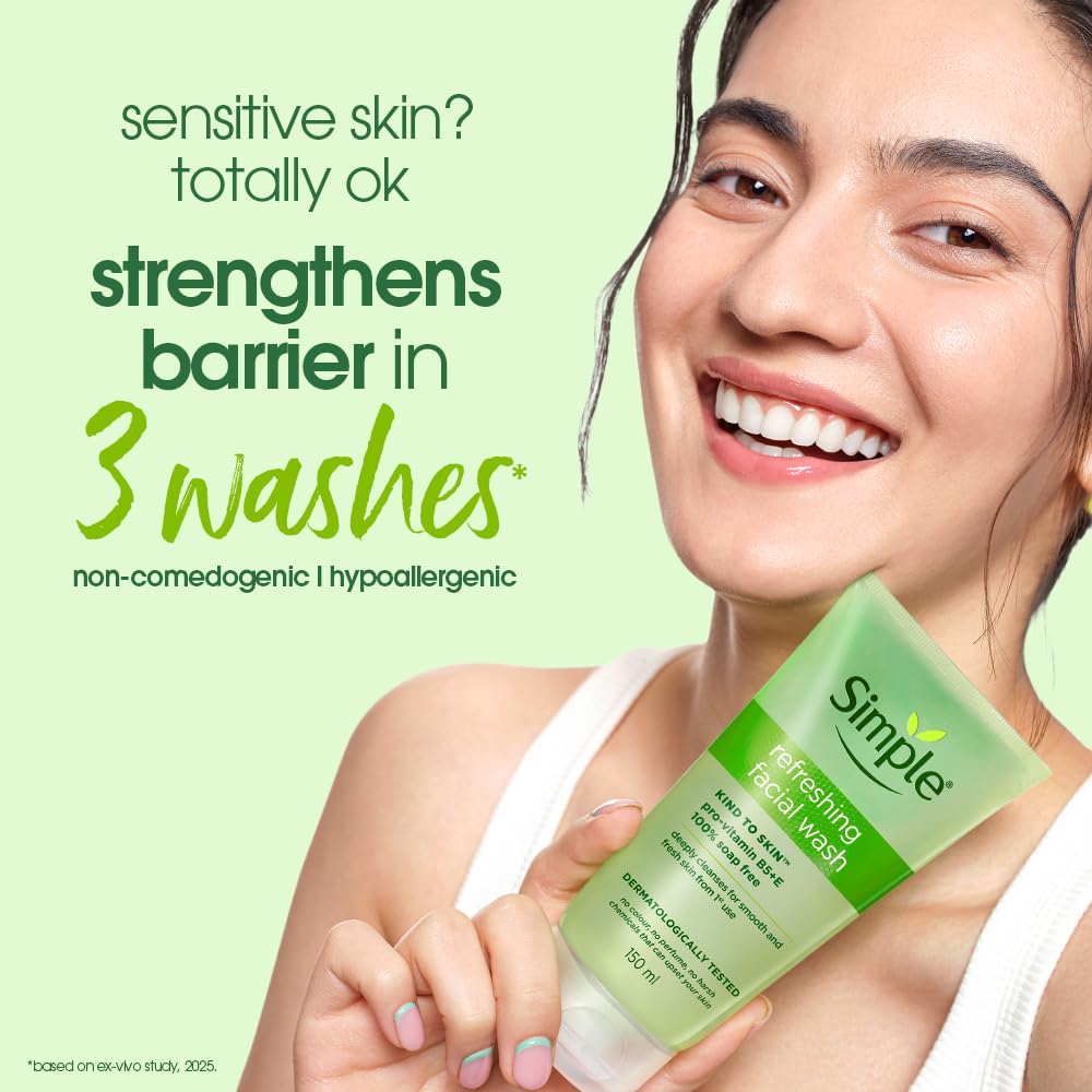 Simple Refreshing Facial Wash back-of-bottle ingredient list and Hindustan Unilever packer details printed on the white tube, with batch and expiry coding visible