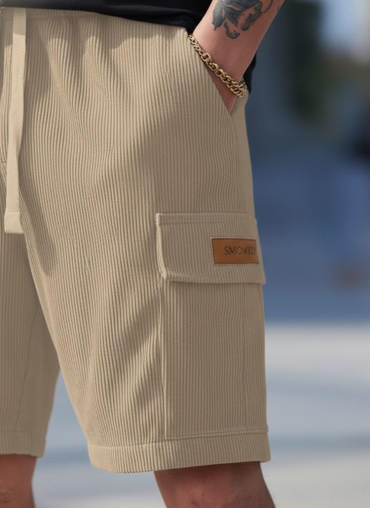 SMOWKLY cargo shorts side view highlighting the flapped thigh cargo pocket detail and ribbed polycotton fabric texture