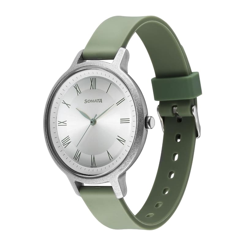 Sonata 87049PP11W side view showing the green strap, keeper and tang buckle