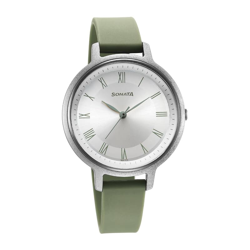 Sonata 87049PP11W Silver Roman Dial Green Strap Women's Watch