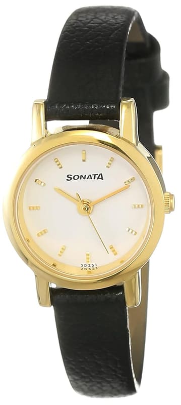 Sonata NS8976YL02W White Dial Black Leather Strap Women's Watch
