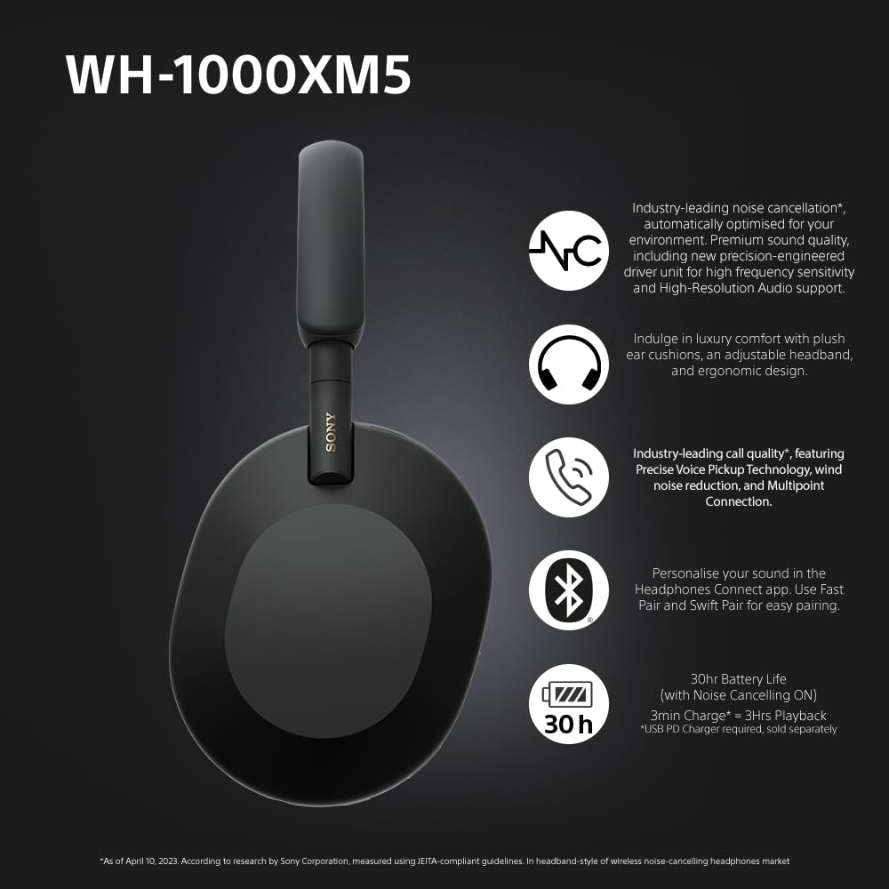 Sony WH-1000XM5 lifestyle shot with carrying case and 3.5mm cable accessories