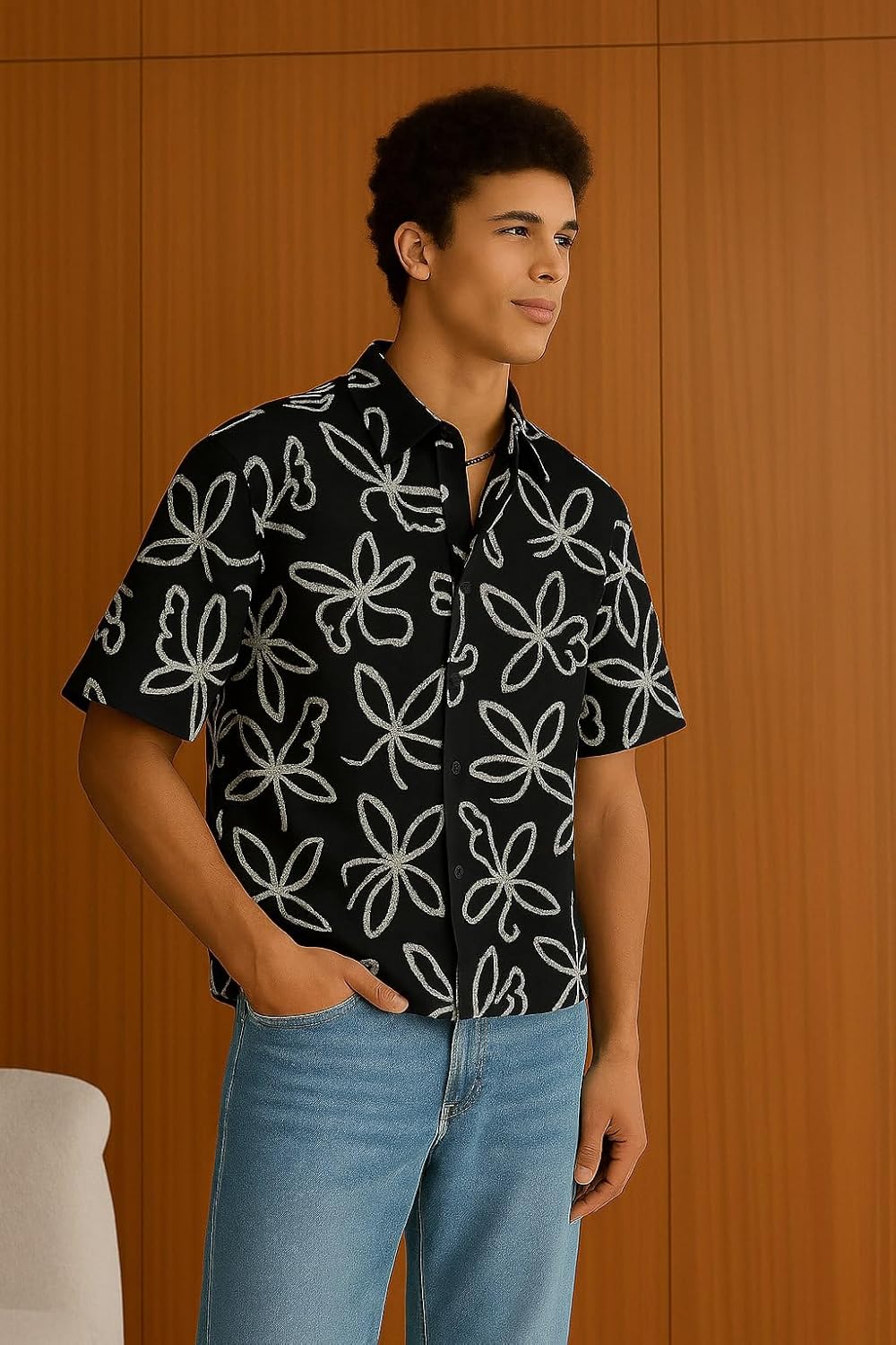 TAGDO oversized shirt on-body styling shot showing the relaxed drop-shoulder silhouette and full-sleeve cut over a base tee