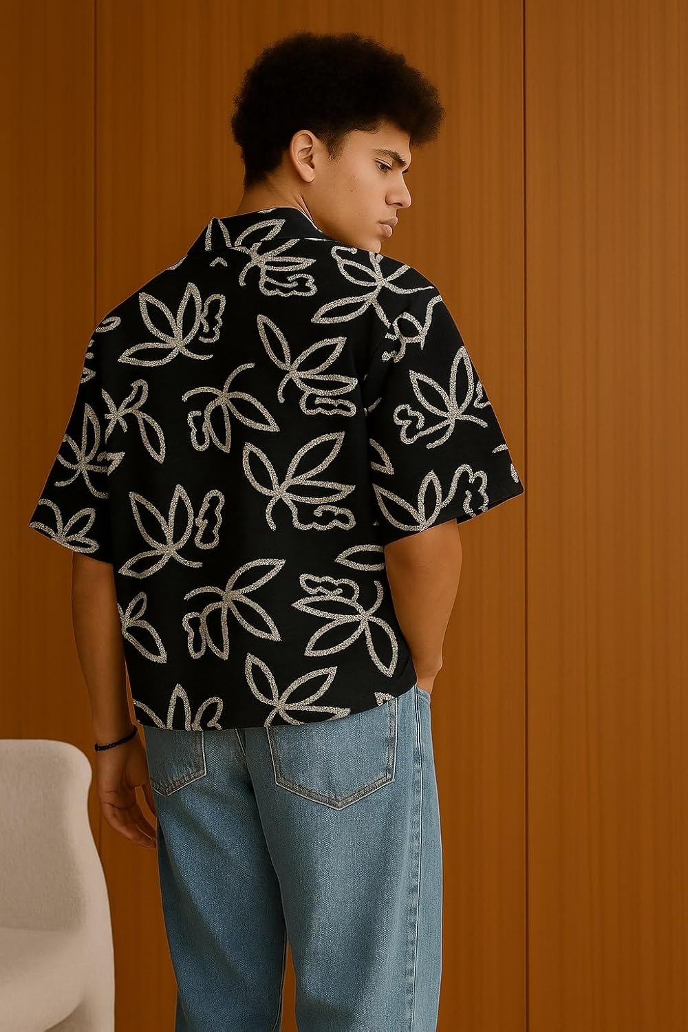 Detail shot of the TAGDO Shirt-2050 fabric texture, button placket and spread collar construction
