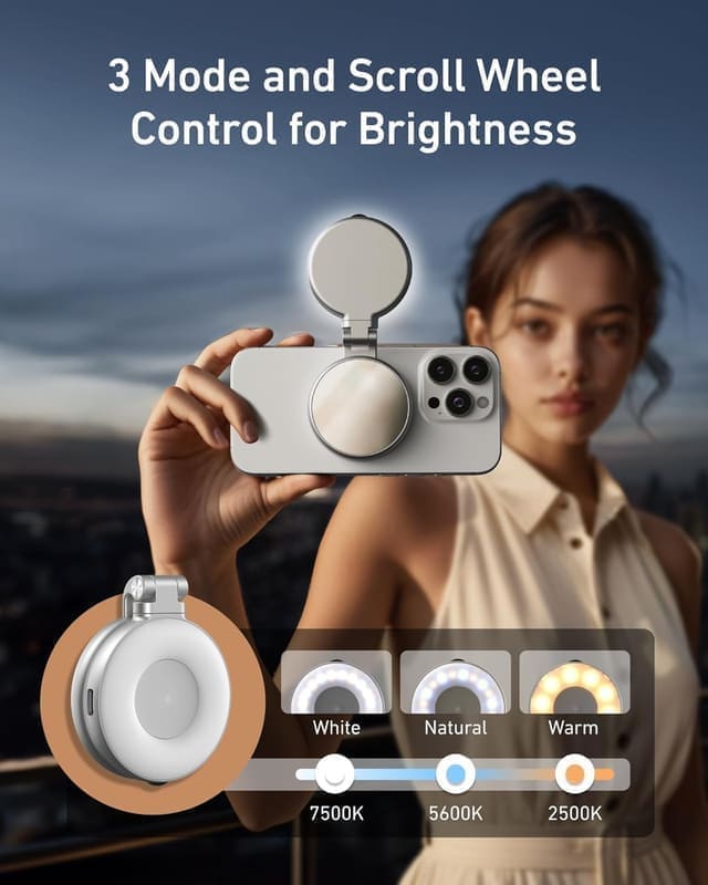 TELESIN selfie light rear face showing the built-in 56mm high-definition round makeup mirror used for on-the-go grooming when the LED face is mounted against the back of the phone
