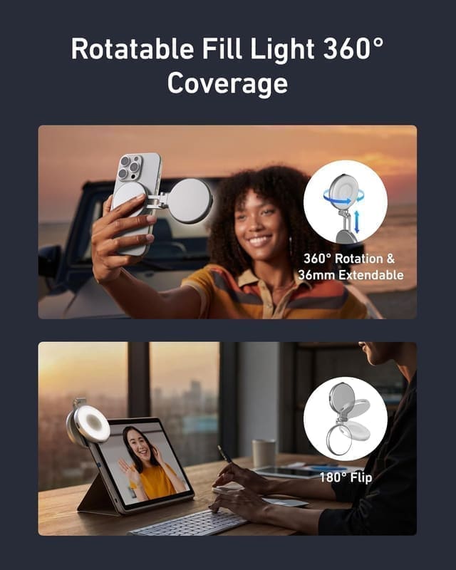 TELESIN selfie light pocket-size scale shot held in hand next to the included drawstring carry pouch and the metal-ring magnetic adapter that attaches to non-MagSafe Android phones