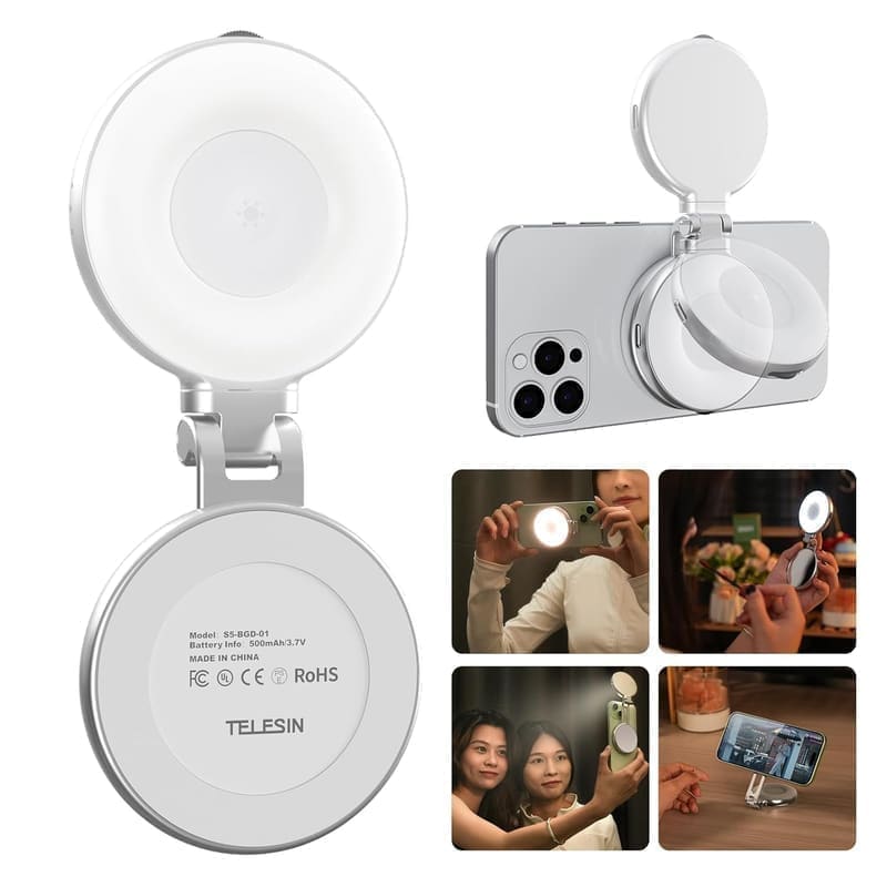 TELESIN 3-in-1 Magnetic Selfie Light front view — circular 60mm LED fill light at 5600K daylight setting, magnetic disc face attached to the back of an iPhone for selfie mode, side-mounted brightness slider wheel visible on the right edge