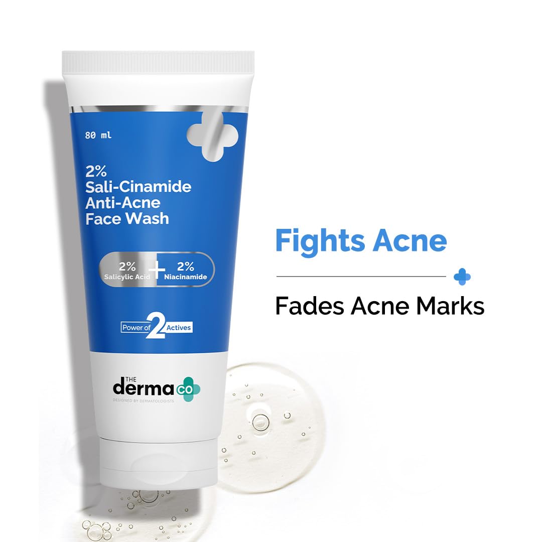The Derma Co Sali-Cinamide Face Wash back-of-bottle ingredient list, manufacturer details and dermatologically tested badge