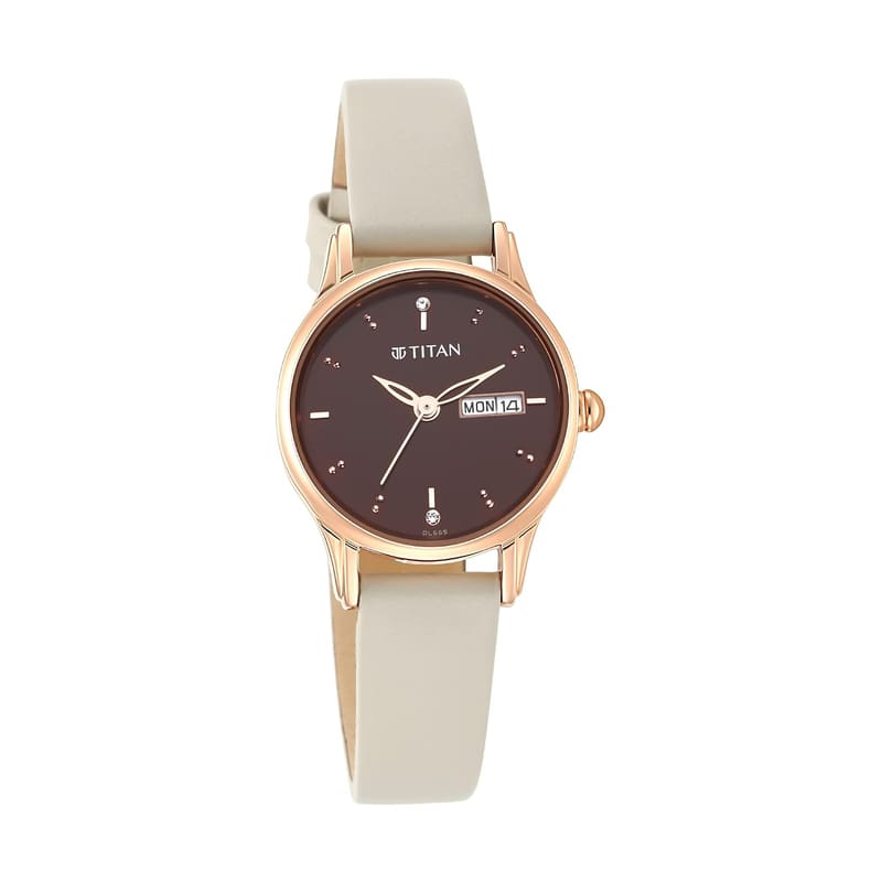 Titan Karishma 2656WL01 Brown Day-Date Dial Leather Strap Women's Watch