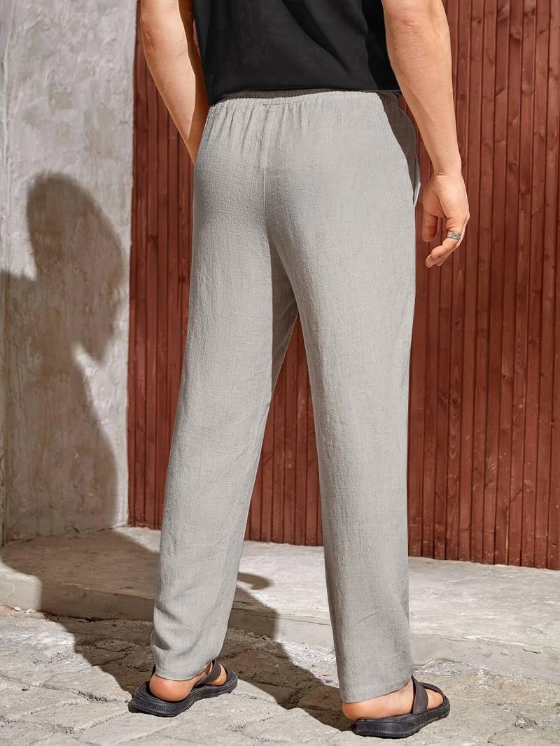 TOPLOT men's linen-blend pants in cream rear view showing clean back panel with no back pockets and straight-leg silhouette