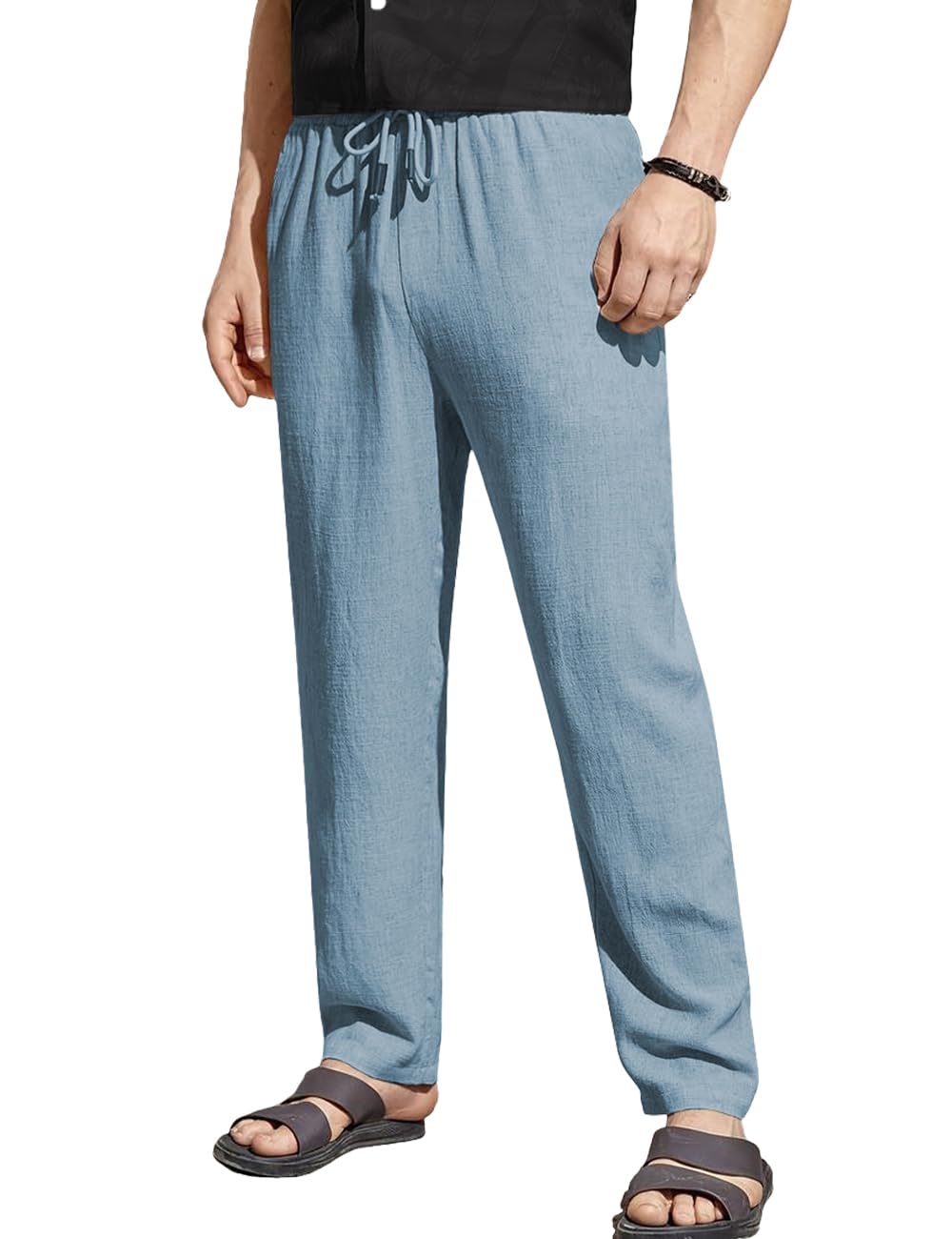 TOPLOT men's linen-blend pants in aqua light blue variant studio shot showing drawstring waistband and side-pocket detail