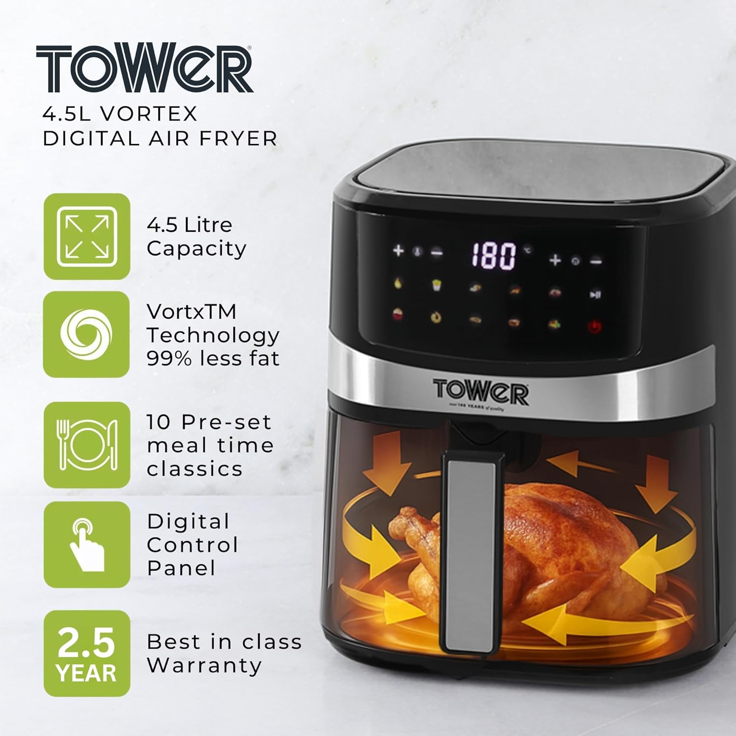 Tower Vortx Air Fryer 4.5L feature graphic listing 4.5 litre capacity, Vortx technology with 99% less fat, 10 pre-set meal-time classics, digital control panel and a 2.5 year warranty, with a cutaway showing hot air circulating around a roast chicken in the basket