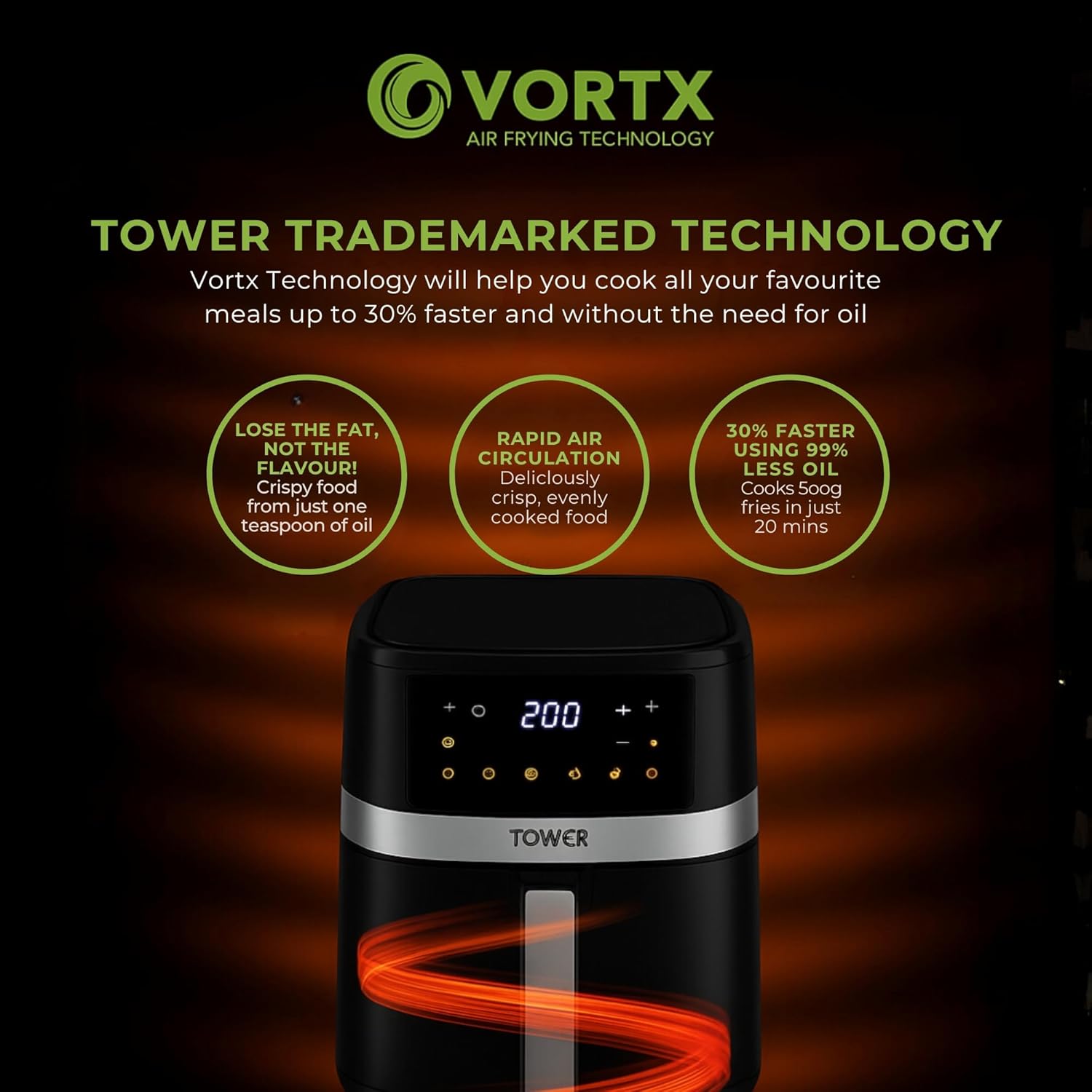 Tower Vortx air frying technology graphic explaining rapid air circulation, crispy food from one teaspoon of oil and 500g of fries cooked in 20 minutes, with the black air fryer and a swirling hot-air trail below it