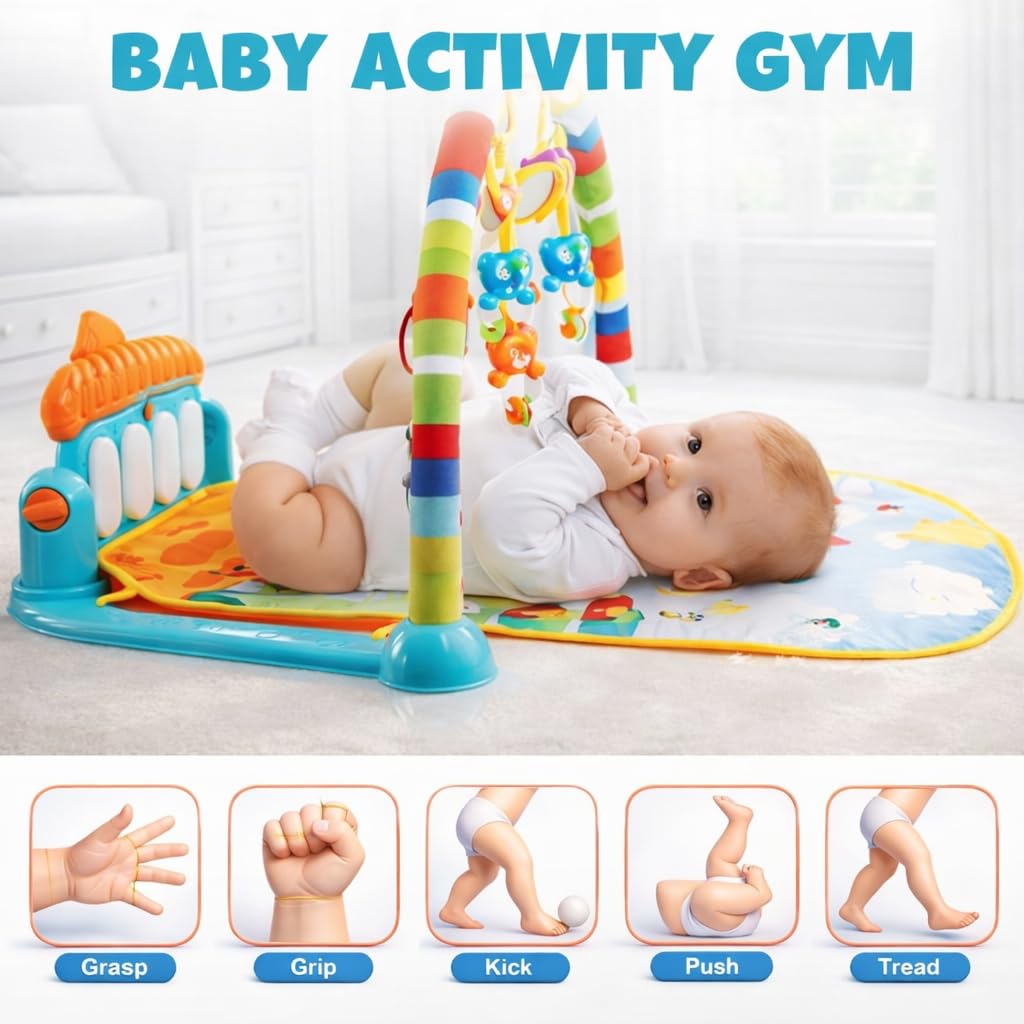 ToysBuddy Baby Gym front view showing the four hanging animal soft rattles and the large baby-safe mirror clipped onto the overhead arch frame