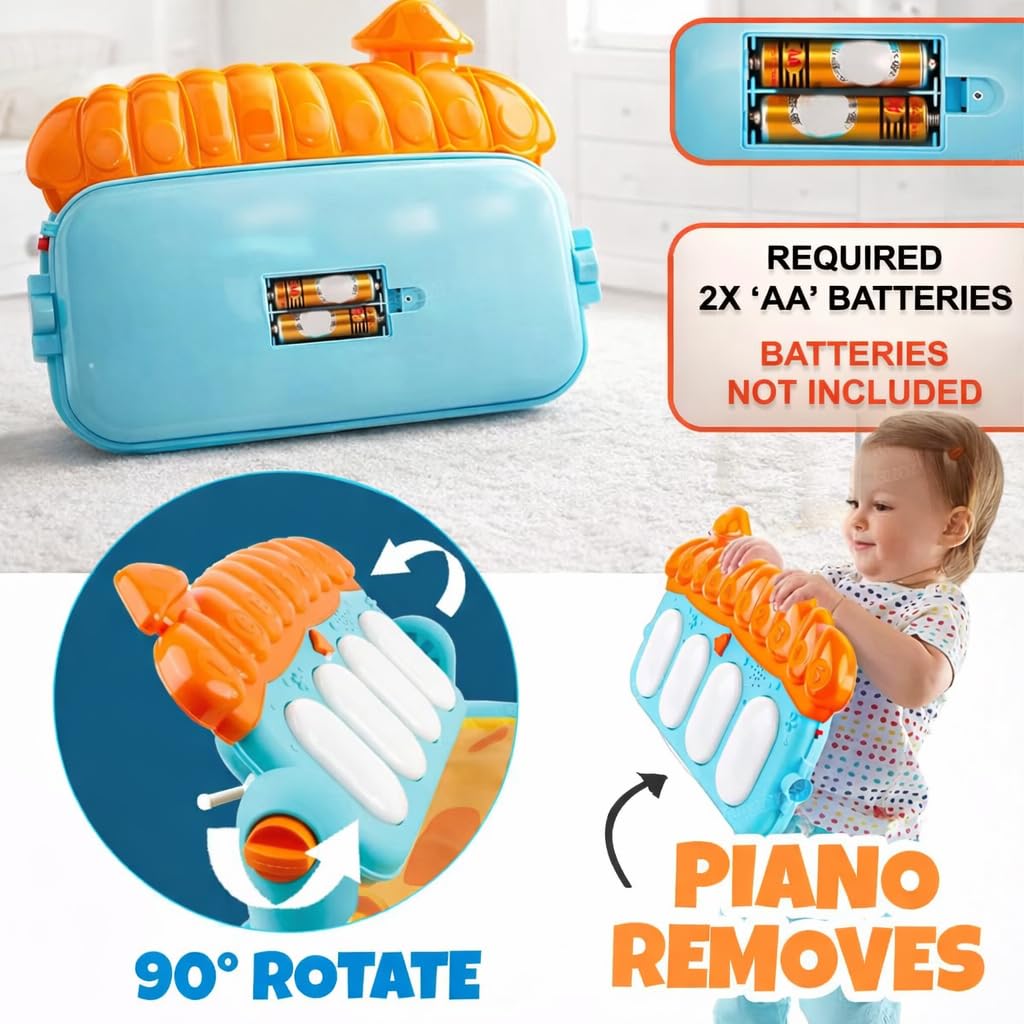ToysBuddy Baby Gym side view showing the kick-and-play piano panel positioning at the foot end of the mat, where a baby on their back can naturally kick the keys