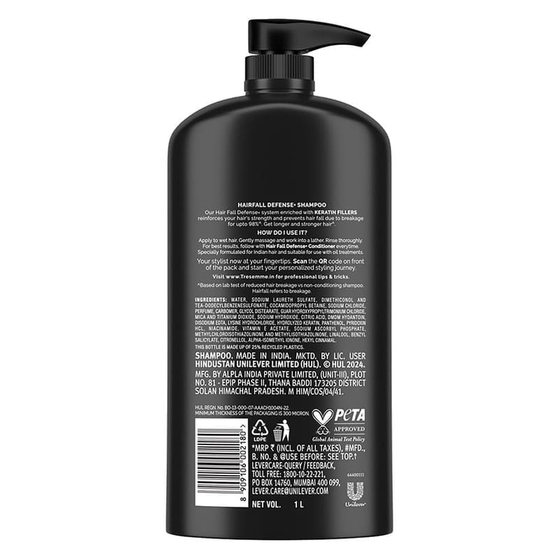 TRESemme Hairfall Defense+ Shampoo 1000ml With Keratin Fillers packaging and details