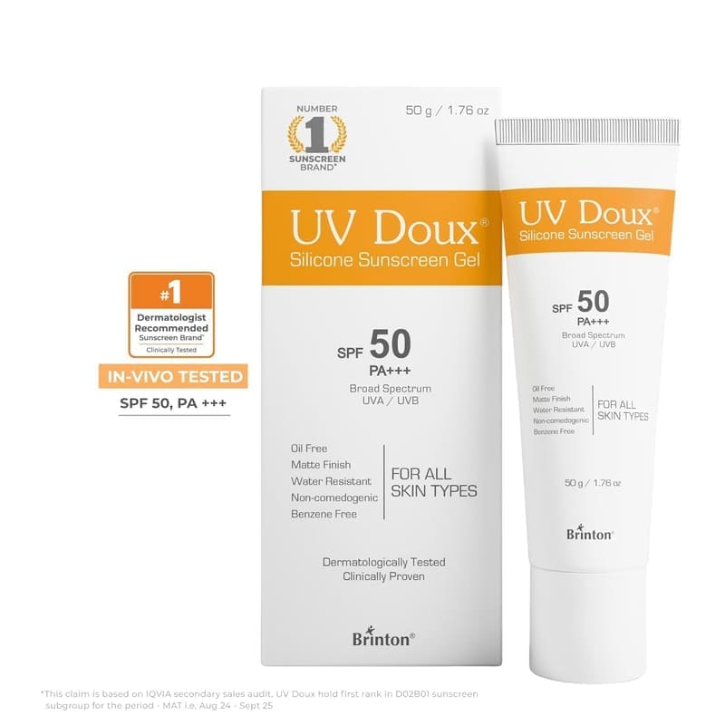 UV Doux Silicone Sunscreen Gel SPF 50 PA+++ texture and packaging