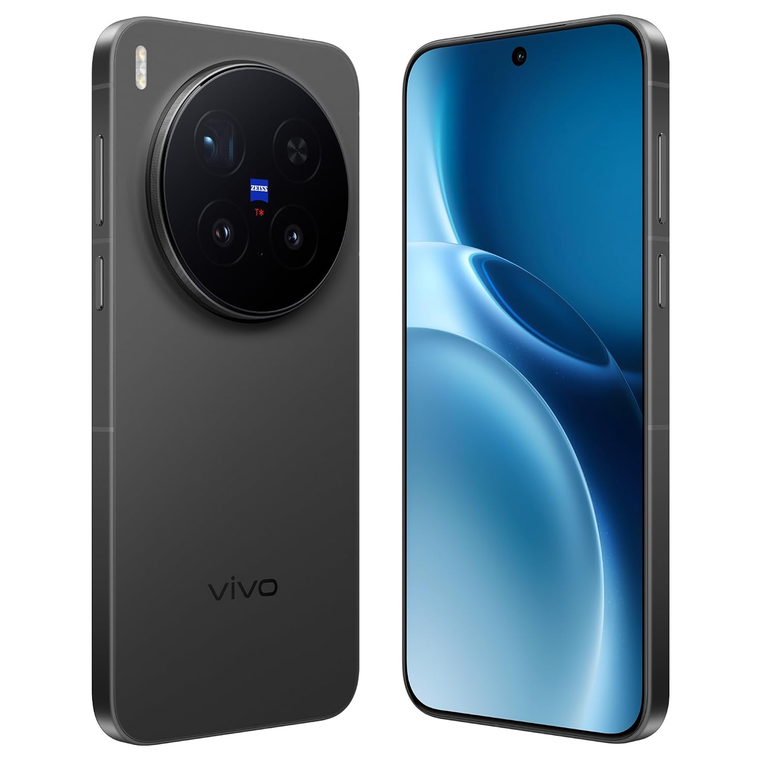 vivo X300 Pro 5G in Elite Black — back-and-front view showing the ZEISS APO Telephoto camera ring with T* coating, vivo branding on the Coral Velvet glass rear, and the 6.78-inch flat display