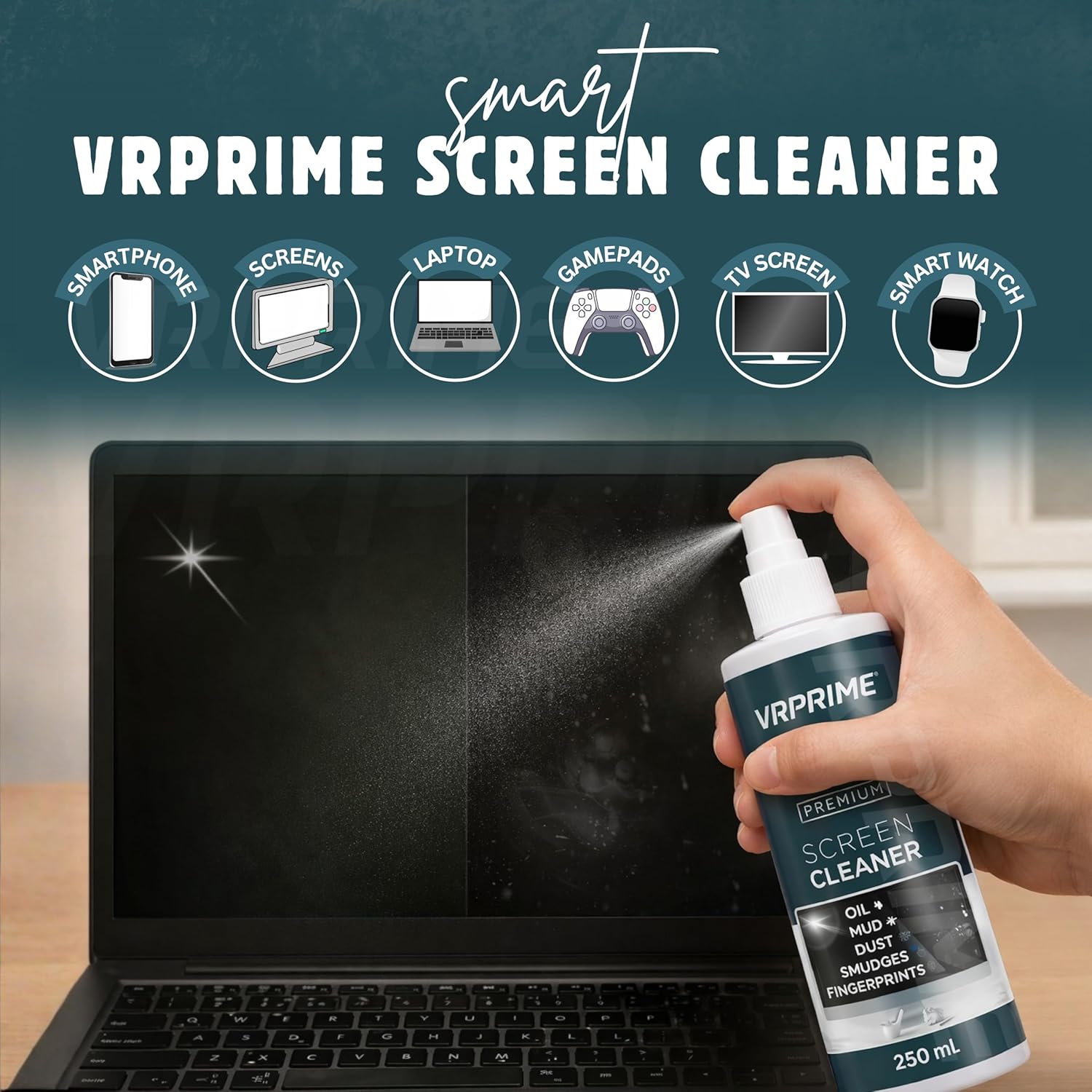 VR PRIME cleaning kit in use on a laptop keyboard — soft brush sweeping dust out of key gaps with the spray bottle and microfiber cloth alongside