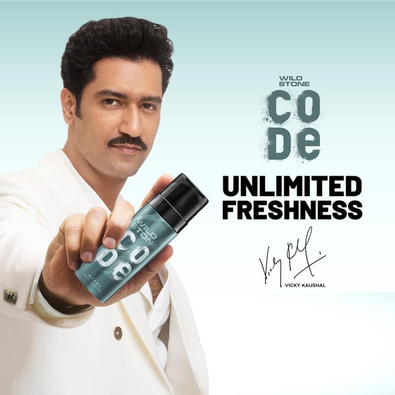 Man in a white jacket holding out Wild Stone Code Steel, captioned Unlimited Freshness