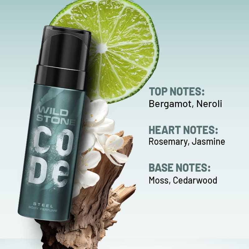 Wild Stone Code Steel notes graphic: bergamot and neroli top, rosemary and jasmine heart, moss and cedarwood base