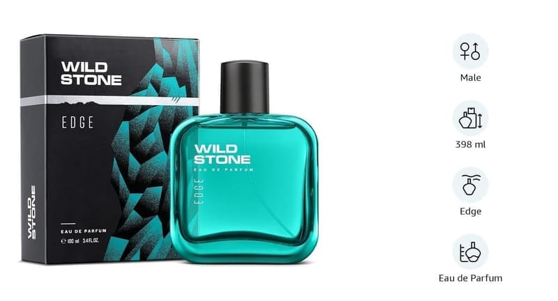 Wild Stone Edge bottle and box with icons for male, 100ml and Eau de Parfum
