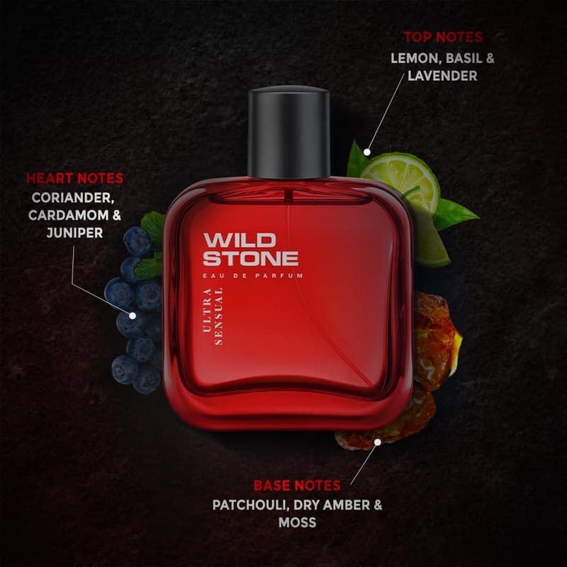 Wild Stone Ultra Sensual notes graphic: lemon, basil and lavender top; coriander, cardamom and juniper heart; patchouli, dry amber and moss base