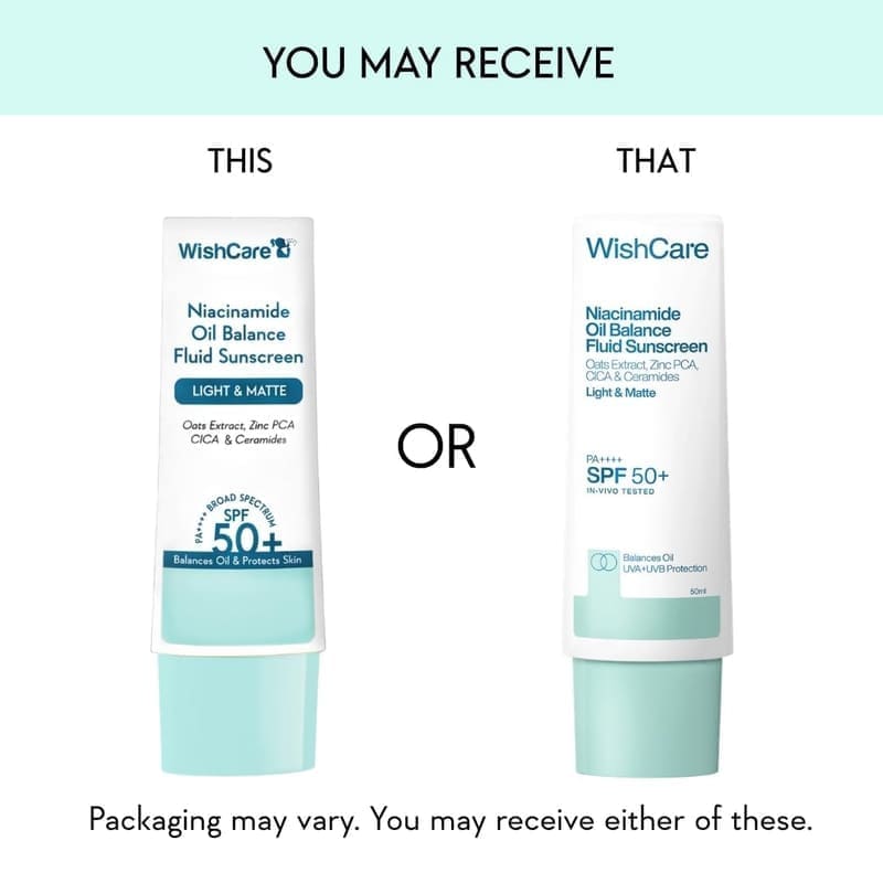 WishCare Niacinamide Oil Balance Fluid Sunscreen SPF 50 PA++++ In-Vivo Tested texture and packaging