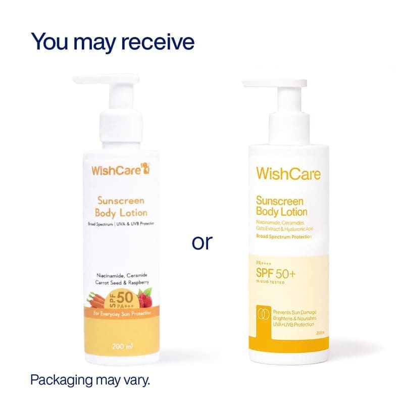 WishCare Sunscreen Body Lotion with SPF 50 PA++++ In- Vivo Tested texture and packaging