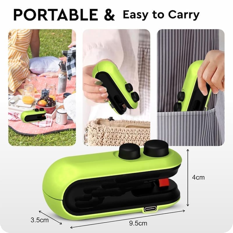 Wowfit handheld packet sealer in use sealing an open chips packet on a kitchen counter, showing the 3-second pass across the plastic bag and the freshly fused seam